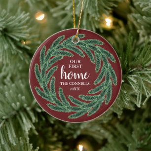 Pine Wreath Red Green op maat van ons eerste start Keramisch Ornament