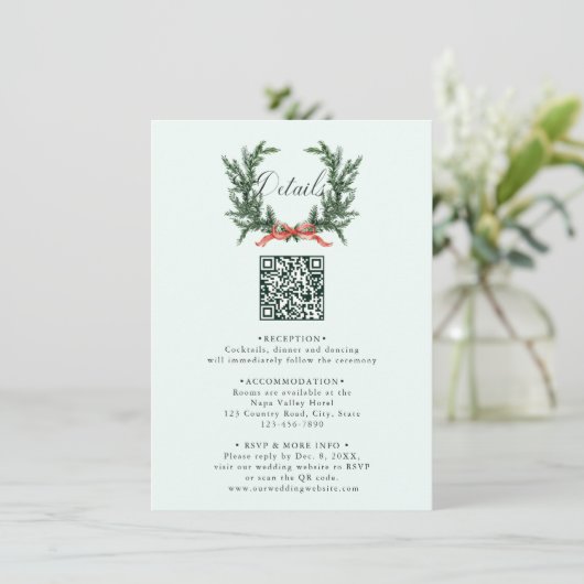 Pine Wreath Wedding QR Code Details Mint Green Informatiekaartje (Staand voorkant)