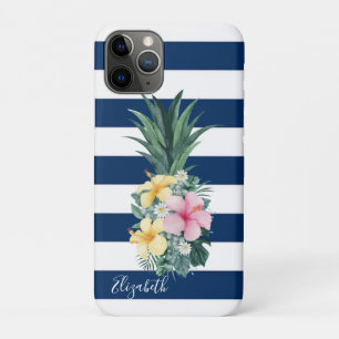Pineappel Tropische Bloemen, marineblauw gestreept iPhone 11 Pro Hoesje