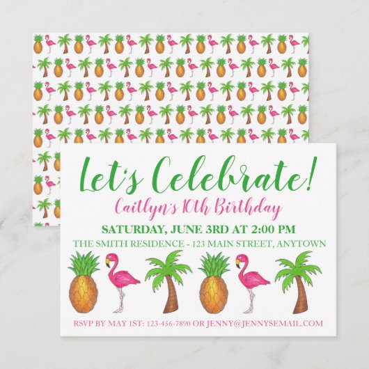 Pineappel van de Palmboom van de Birthday Flamingo Kaart (Voorkant / Achterkant)