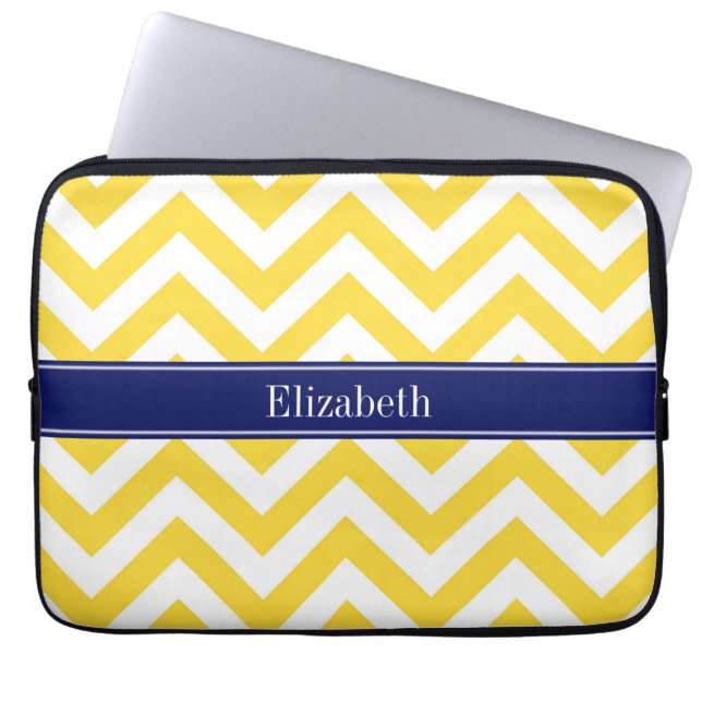 Pineappel White LG Chevron Navy Blue Name Monogram Laptop Sleeve (Voorkant)