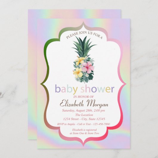 Pineappelbloemen Holografisch Baby shower Kaart (Voorkant / Achterkant)