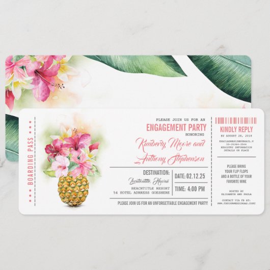Pineapple Boarding Pass Ticket Verlovingsfeest Kaart (Voorkant / Achterkant)