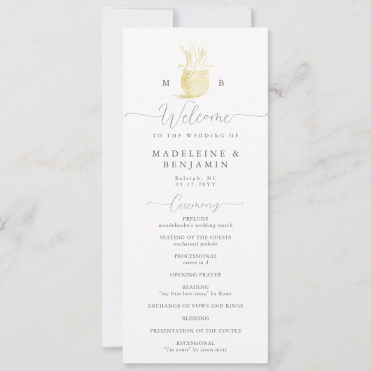 Pineapple Or Monogram Crest Chic Wedding Programme (Devant)