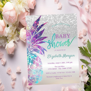 Pineapple Zilver Glitter Bokeh Baby Shower Kaart
