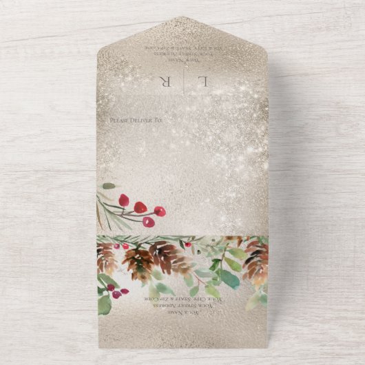 Pinecone & Berries Modern Gold QR Code All In One Uitnodiging (Buitenkant)