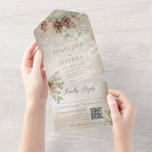 Pinecone & Berries Modern Gold QR Code All In One Uitnodiging (Afscheurbaar)