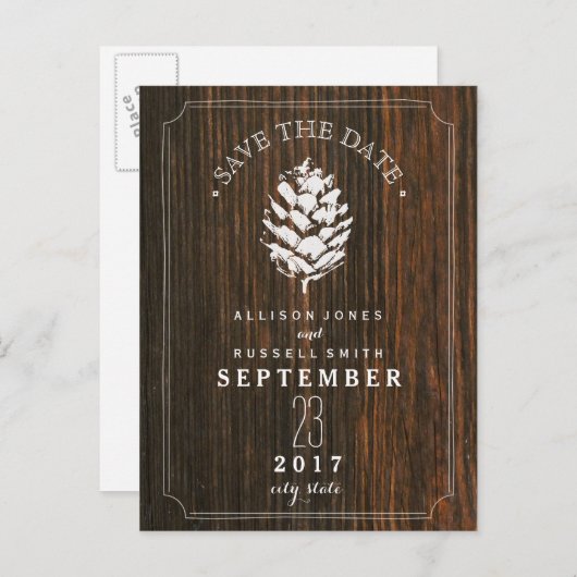 Pinecone Schuur Hout Save the Date Aankondigingskaart (Voorkant / Achterkant)