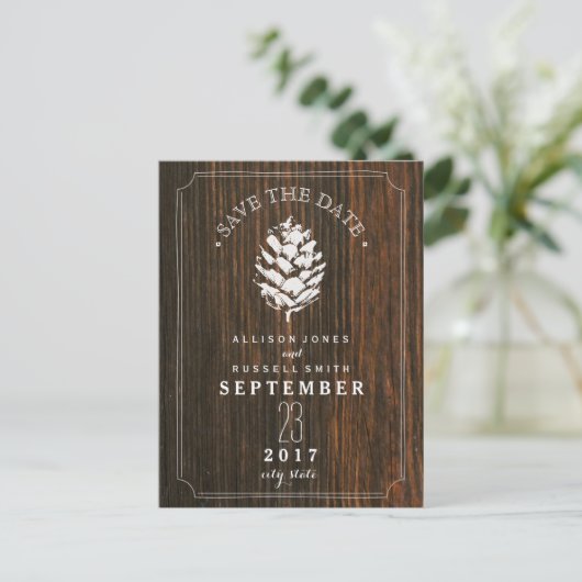 Pinecone Schuur Hout Save the Date Aankondigingskaart (Staand voorkant)
