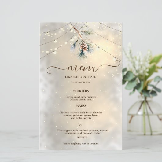 Pinecone String Lights Winter  Wedding Menu Card (Staand voorkant)