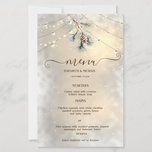 Pinecone String Lights Winter  Wedding Menu Card (Devant)
