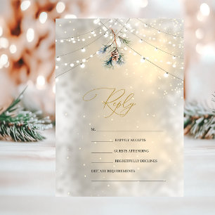 Pinecone String Lights Winter Wedding RSVP Kaart