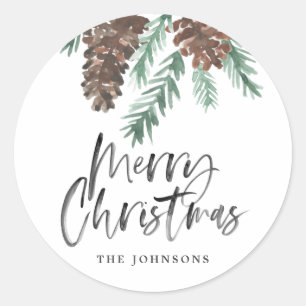 Pinecone Waterverf Vrolijk kerstfeest Ronde Sticker