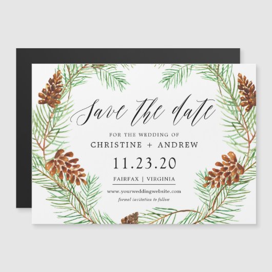 Pinecone Winter Rustic Save The Dates-magneet Magnetische Uitnodiging (Voorkant / Achterkant)