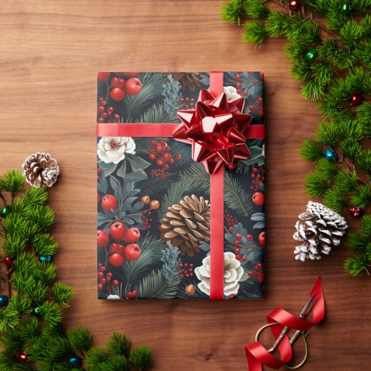 Pinecones Bessen Bloemen Kerstmis Patroon Gift Cadeaupapier (Feestdagen Geschenken)