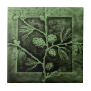 Pinecones Branches Green Faux Relief Antiek Repro Tegeltje