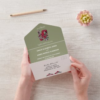 Pinecones Evergreens Red Berries Wedding All In One Uitnodiging