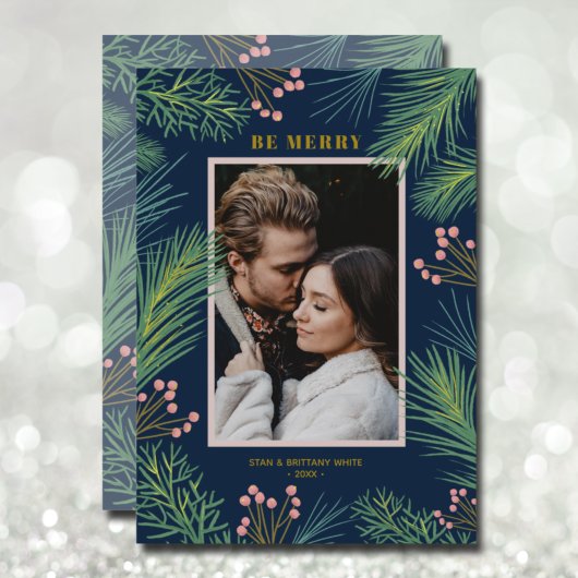 Pines Berries Foto Navy Blue Kerstmis Feestdagenkaart