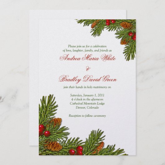 Pines Boughs Noël Mariage hiver Invitation (Devant / Derrière)