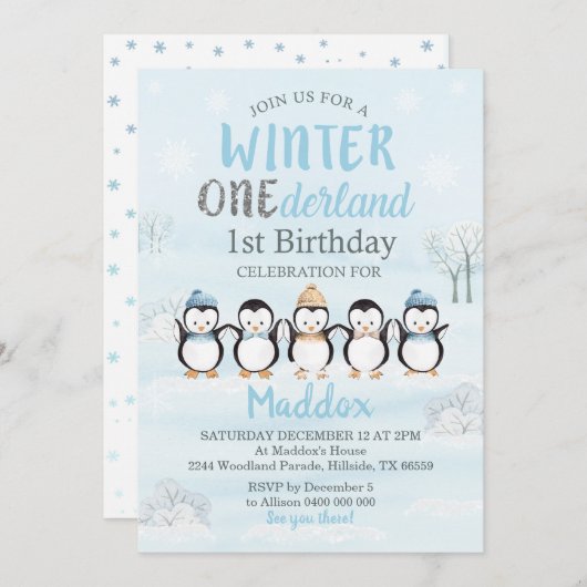 Pingouin 1er anniversaire Invitation hiver Onederl (Devant / Derrière)