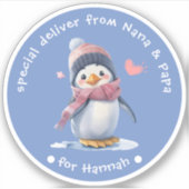 Pingouin Bleu Noël pour Enfants Étiquette cadeau (Devant)