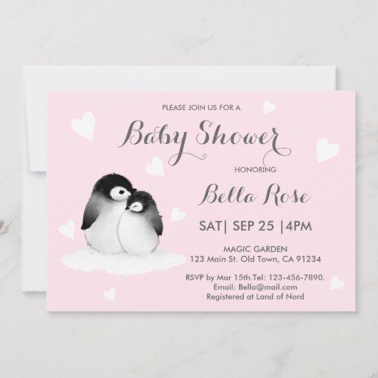 Pingouin Coeur Rose Bébé Douche Invitations (Devant)
