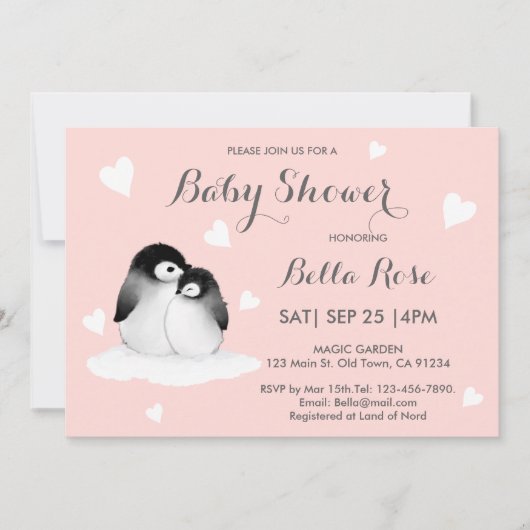 Pingouin Coeur Rose Vive Invitations de douche béb (Devant)