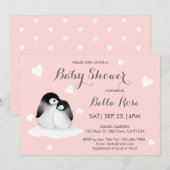 Pingouin Coeur Rose Vive Invitations de douche béb (Devant / Derrière)