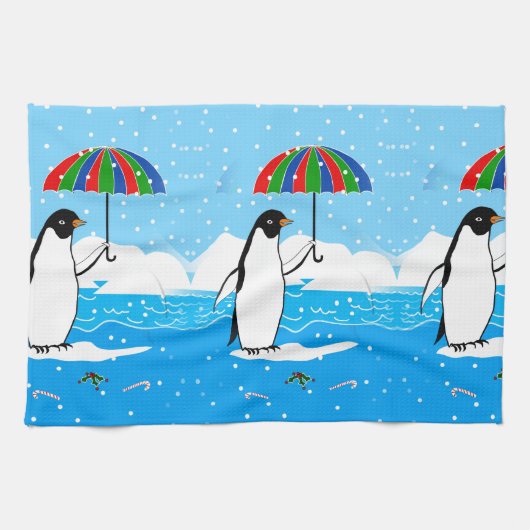 Pingouin dans la neige sur la serviette de cuisine (Horizontal)