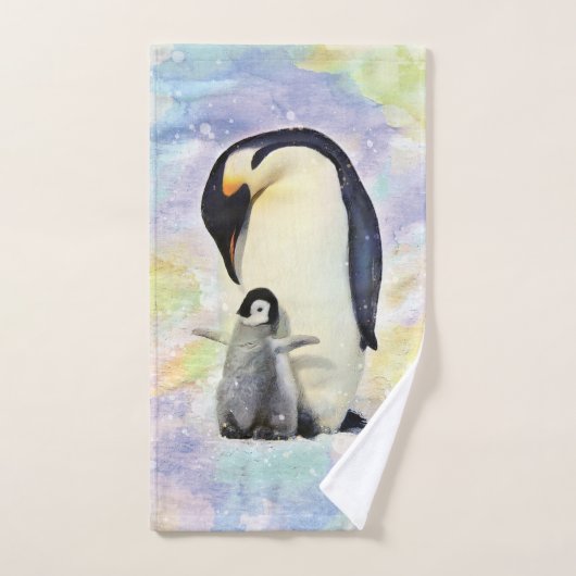 Pingouin d'empereur avec l'aquarelle de bébé (Serviette à main)