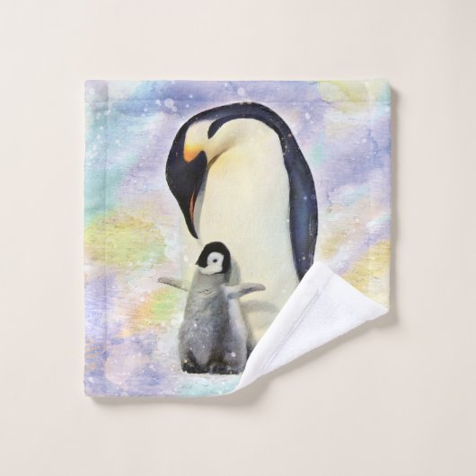 Pingouin d'empereur avec l'aquarelle de bébé (Gant de toilette)