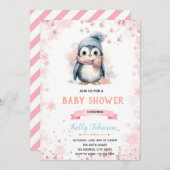 Pingouin d'hiver fille douche invitation anniversa (Devant / Derrière)