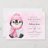 Pingouin d'hiver rose invitation Baby shower (Devant)