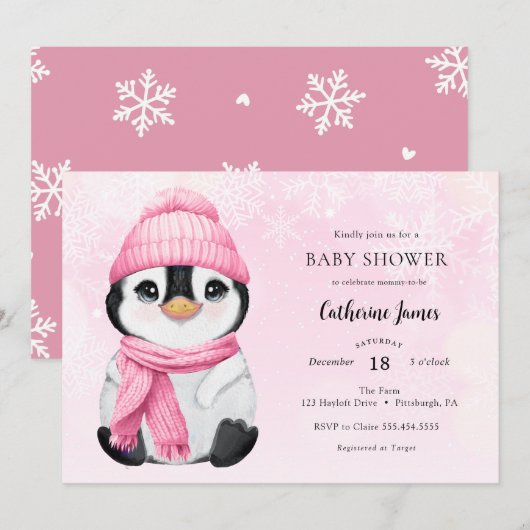 Pingouin d'hiver rose invitation Baby shower (Devant / Derrière)