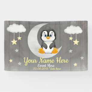 Pingouin fond Lune Étoiles de nom jaune bannière