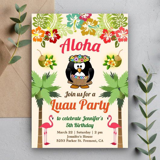 Pingouin hawaïen mignon | Luau Invitation de fête