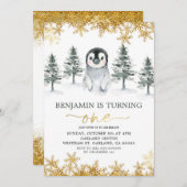 Pingouin Hiver Gold Flocon de neige Invitation Ann (Devant / Derrière)