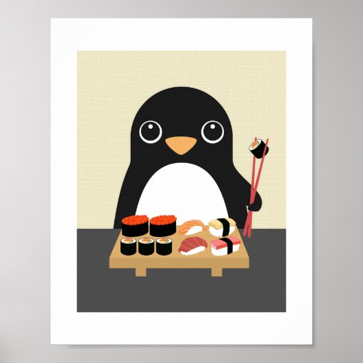 Pingouin Manger Sushi Poster Imprimer (Devant)