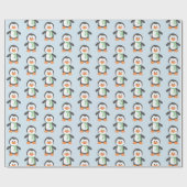 Pingouin mignon en papier cadeau bleu et vert (Plat)