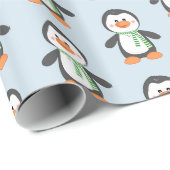 Pingouin mignon en papier cadeau bleu et vert (Coin rond)