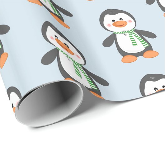Pingouin mignon en papier cadeau bleu et vert (Coin rond)
