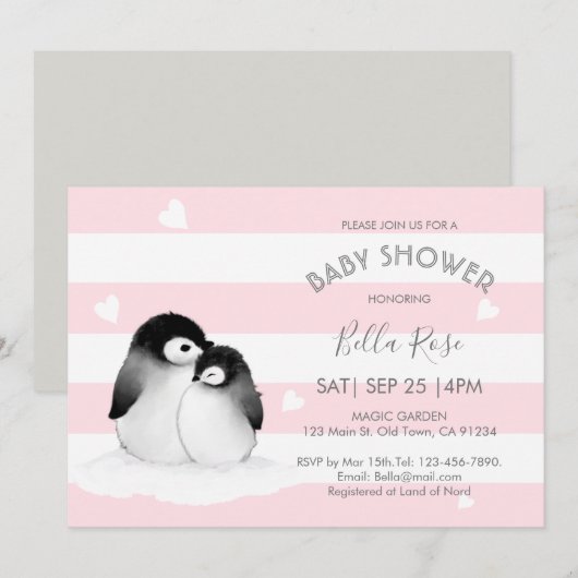 Pingouin rose Gris Baby Shower Invitations (Devant / Derrière)