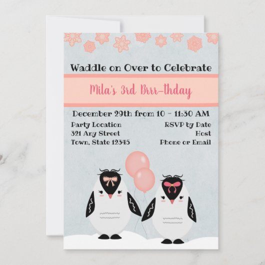 Pingouin rose Invitation d'anniversaire (Devant)