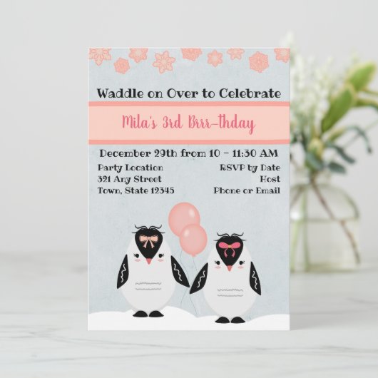 Pingouin rose Invitation d'anniversaire (Debout devant)