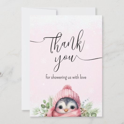 Pingouin rose pâle Carte de remerciements de neige (Devant)