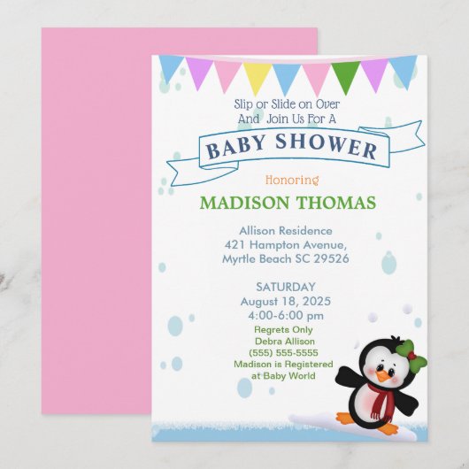 Pingouin Sur Invitation Baby shower De Glace (Devant / Derrière)