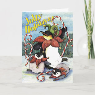 Pingouins gais de vacances, carte de Noël