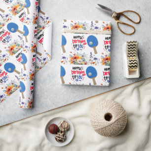 Pingpong Verjaardag met peddel en bloem Cadeaupapier