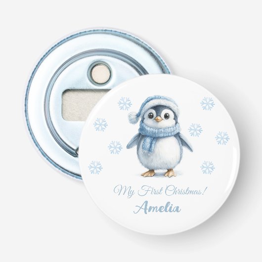 Pinguïn 1e kerst button flesopener (Voorkant)