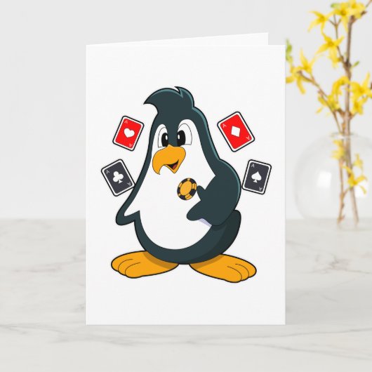 Pinguïn aan het pokeren met pokerkaarten kaart (Gele Bloem)